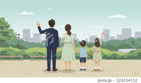 遠くの景色を眺める家族、未来を見つめる穏やかな時間 128134132