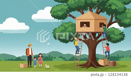 家族みんなで力を合わせ、夢のログハウスを建てる夏 128134136