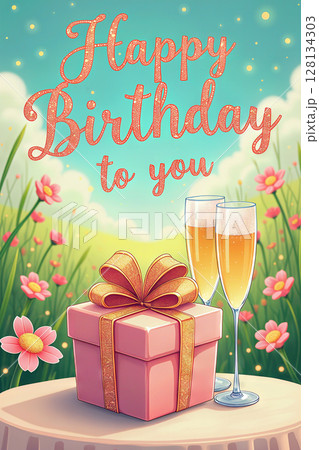 Birthday greeting card with gift and champagne. 128134303
