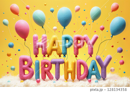 Colorful balloon-shaped Happy Birthday on yellow background. 128134358