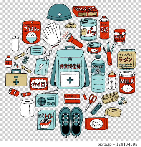 防災グッズのカラーポップイラストセット 防災グッズのカラーポップイラストセット 128134398