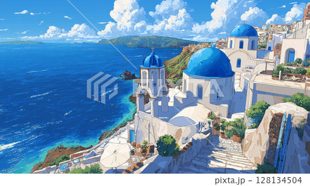 サントリーニ島の魅惑的な風景 128134504