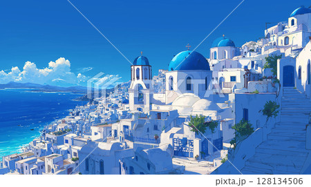 ギリシャ、イアの絶景：エーゲ海に面した白と青のコントラスト 128134506