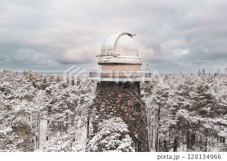 Old observatory tower in the Glen park. Tallinn, Estonia, against dramatic sky 128134966