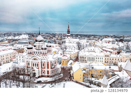 Aerial View of Tallinn in winter with Alexander Nevsky Cathedral, roofs with snow, Christmas mood 128134970