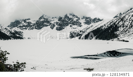 Frozen Lake Morskie Oko or Sea Eye Lake in Poland at Winter. Panoramic view 128134971