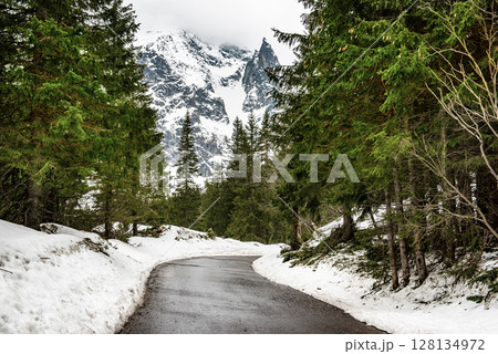Mountain fir forest and the road near Morskie Oko Lake in Poland at Winter. Tatras mountains Mountain fir forest and the road near Morskie Oko Lake in Poland at Winter. Tatras mountains 128134972