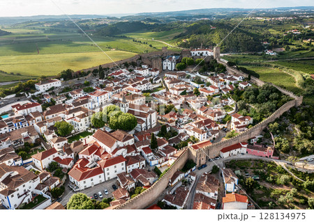 Aerial view of Obidos with historic walls and castle, Leiria district, Portugal 128134975