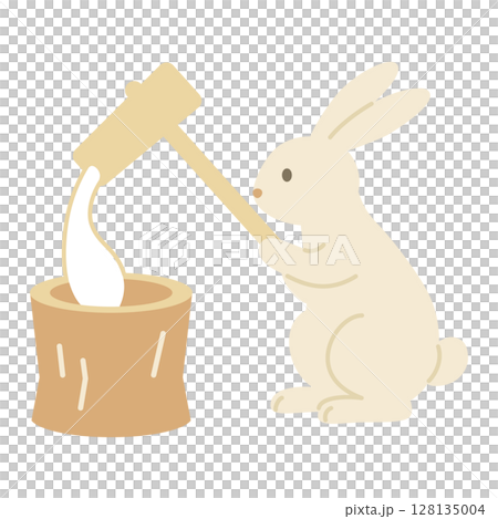 Illustration of a rabbit pounding rice cakes with a pestle 128135004