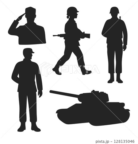 Us army silhouette collection with tank soldier gun illustration 128135046