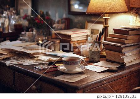 散らかったワークデスクでコーヒーブレーク 128135333