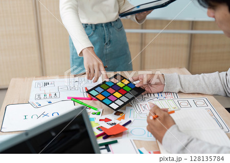 Creative UX UI Design Process with Color Palette and Wireframes on Desk, Designers collaboration on User Interface and User Experience, Modern Digital Design Concepts 128135784