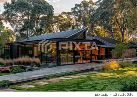 A large house with a black roof and a black chimney 128136030
