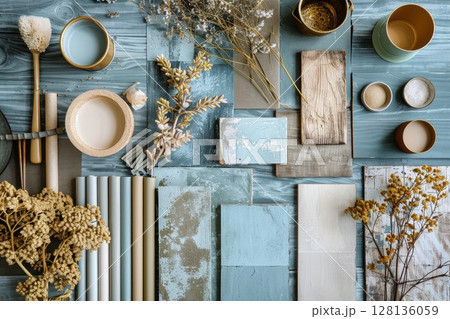A blue wooden table with a floral arrangement and a stack of fabric swatches 128136059