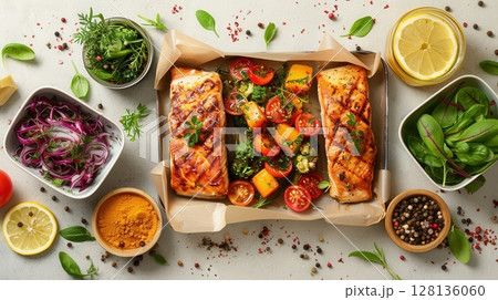 A plate of food with salmon and vegetables on top of a paper plate 128136060