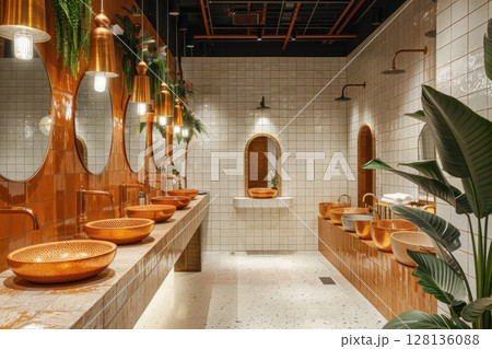 A bathroom with a large mirror and a plant in a vase 128136088
