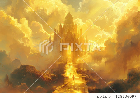 A painting of a castle with a golden door and a staircase leading up to it 128136097