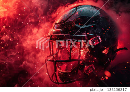A football player is wearing a helmet and is surrounded by red smoke 128136217
