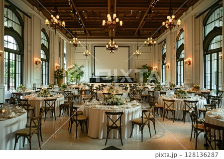 A large banquet hall with tables and chairs set up for a large event 128136287