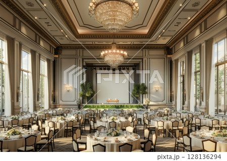 A large banquet hall with tables and chairs set up for a large event A large banquet hall with tables and chairs set up for a large event 128136294