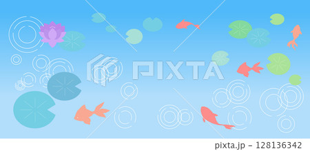 金魚と睡蓮と波紋の背景イラスト　コピースペース　暑中見舞い 128136342