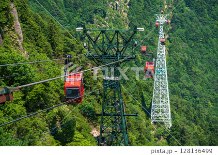 夏の御在所ロープウエイ『山上公園駅より見下ろす連なる赤いゴンドラ』 128136499