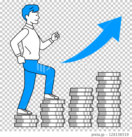 Casual man climbing stairs made of money Casual man climbing stairs made of money 128136519