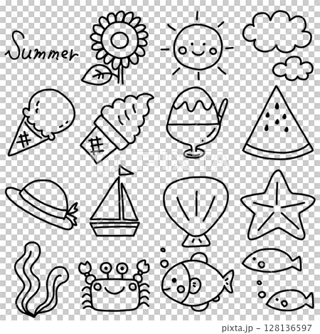 Hand-drawn cute summer line drawing illustration set 128136597