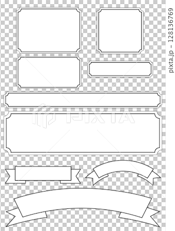 Simple frame and header ribbon set - black and white line illustration 128136769