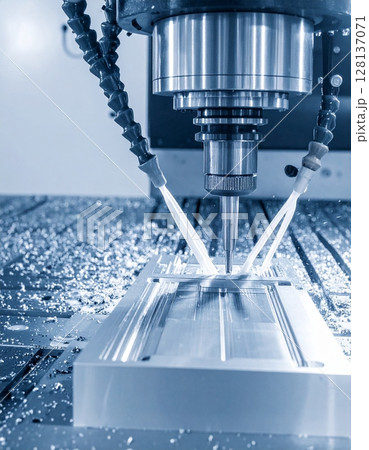 CNC milling machine processing on steel with cooling 128137071