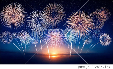 夜空に輝く綺麗で美しい打ち上げ花火のイメージ 背景素材 16:9サイズ AI生成素材 128137125