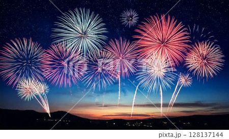 夜空に輝く綺麗で美しい打ち上げ花火のイメージ 背景素材 16:9サイズ AI生成素材 128137144