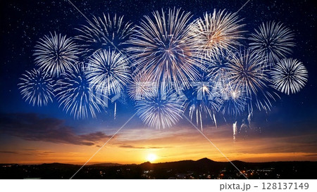 夜空に輝く綺麗で美しい打ち上げ花火のイメージ 背景素材 16:9サイズ AI生成素材 128137149