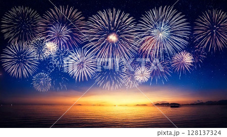 夜空に輝く綺麗で美しい打ち上げ花火のイメージ 背景素材 16:9サイズ AI生成素材 128137324