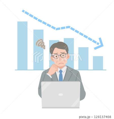 下がるグラフと悩むサラリーマン 128137408