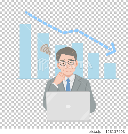 下がるグラフと悩むサラリーマン 128137408