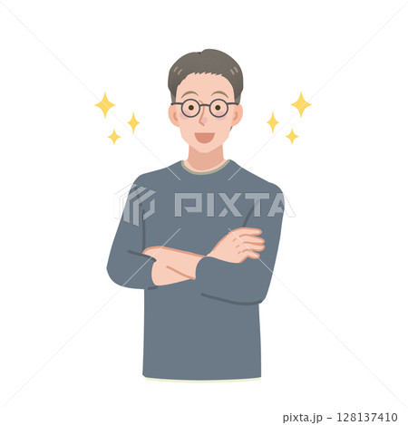 腕を組むカジュアルな服装の眼鏡の男性 128137410
