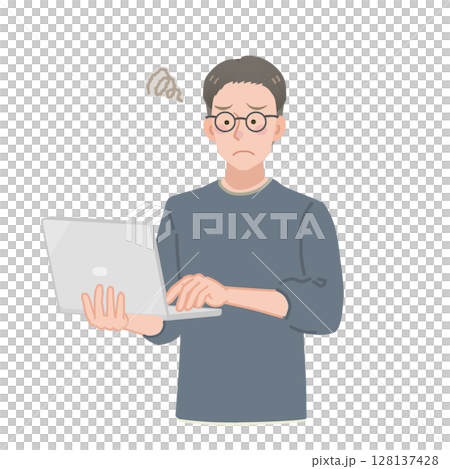 Illustration of a man in casual clothes holding a laptop computer looking worried Illustration of a man in casual clothes holding a laptop computer looking worried 128137428