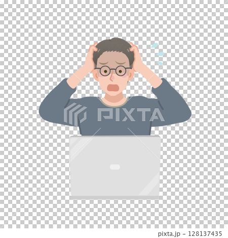 穿著休閒服的男人看著電腦螢幕，震驚了 128137435