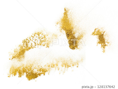 Gold metallic glitter sparkle explosion in air. Golden Glitter sand spark blink celebrate Chinese new year, fly throw gold glitters particle. White background isolated, selective focus Blur bokeh 128137642