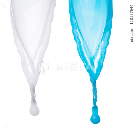 Milk yogurt white blue water droplet shape form fly splashing. Milk blue lotion pour float in mid air. Milk moisturizer explosion throw fluttering. White background isolated high speed shutter freeze 128137644
