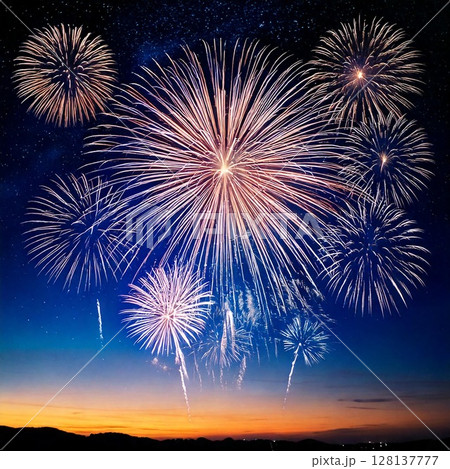 夜空に輝く綺麗で美しい打ち上げ花火のイメージ 背景素材 正方形 AI生成素材 夜空に輝く綺麗で美しい打ち上げ花火のイメージ 背景素材 正方形 AI生成素材 128137777