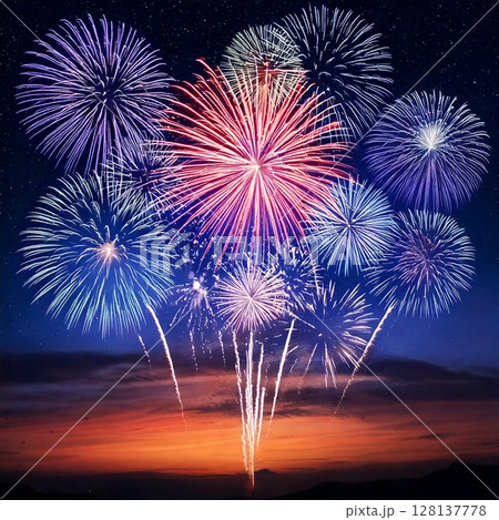 夜空に輝く綺麗で美しい打ち上げ花火のイメージ 背景素材 正方形 AI生成素材 夜空に輝く綺麗で美しい打ち上げ花火のイメージ 背景素材 正方形 AI生成素材 128137778
