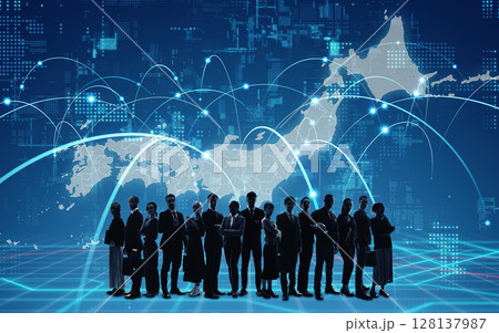 日本地図と多国籍の人々　バナー・広告向け横長ビジュアル 128137987