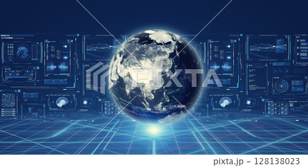 地球とデジタルテクノロジー バナー・広告向け横長ビジュアル 地球とデジタルテクノロジー バナー・広告向け横長ビジュアル 128138023