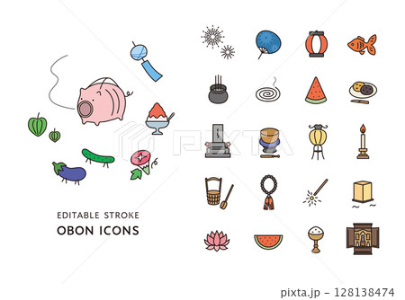 お盆にまつわるアイコンセット（カラー） 128138474