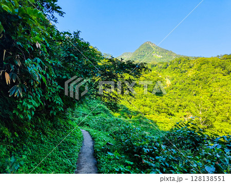 夏の妙高山登山（燕登山道 北地獄谷：正面に妙高山山頂） 128138551