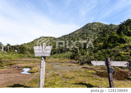 高層湿原花之江河と黒味岳　世界自然遺産屋久島(春 128138684