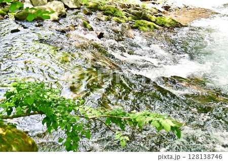 滝の湯川の岩肌の流れ 128138746