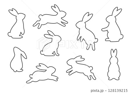 さまざまなポーズのうさぎのアウトラインセット 128139215